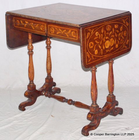 Victorian Inlaid Sofa Table. Late 19th Century. The profusley inlaid top over a single inlaid freeze drawer all raised on turned supports. Height 29 in, Width 20.5 in, Length 27 to 45 inches Victorian Inlaid Sofa Table. Late 19th Century. The profusley inlaid top over a single inlaid freeze drawer all raised on turned supports. Height 29 in, Width 20.5 in, Length 27 to 45 inches