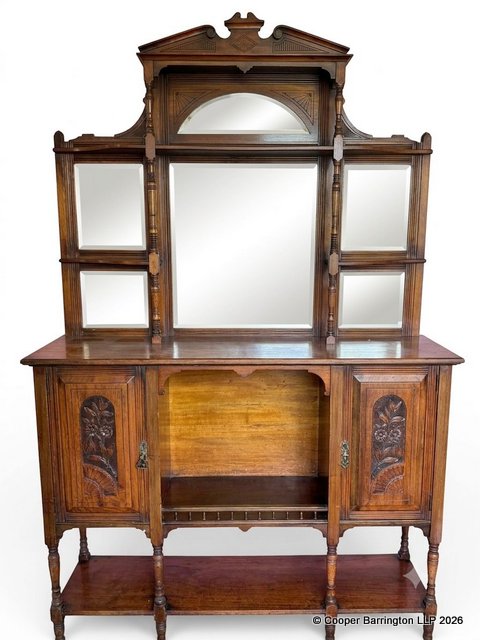Victorian Rosewood Mirror Back Sideboard/Display Cabinet. Late 19th Century. The shaped back with six bevelled mirrors over a display hutch flanked by carved panelled doors over a display shelf all raised on turned legs. Height 76 in, Width 48 in, Depth 15 inches. Victorian Rosewood Mirror Back Sideboard/Display Cabinet. Late 19th Century. The shaped back with six bevelled mirrors over a display hutch flanked by carved panelled doors over a display shelf all raised on turned legs. Height 76 in, Width 48 in, Depth 15 inches.