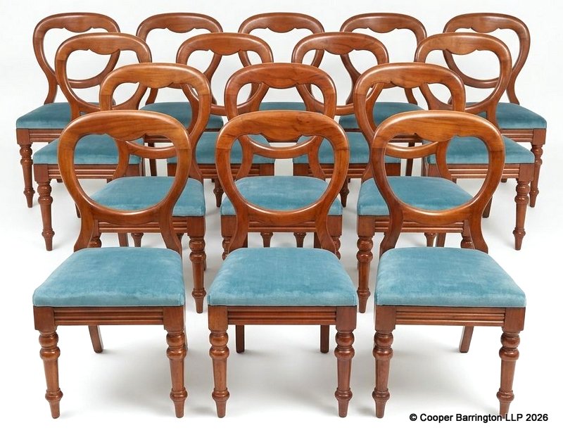 A Scarce Set of 15 Victorian Mahogany Balloon Back Chairs with Blue Velor Upholstered Drop in Seat Cushions. Late 19th Century. Height 35.5 inches. A Scarce Set of 15 Victorian Mahogany Balloon Back Chairs with Blue Velor Upholstered Drop in Seat Cushions. Late 19th Century. Height 35.5 inches.