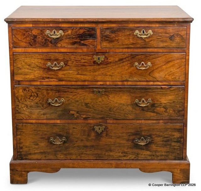 18th Century English Walnut Chest of Drawers. Featuring a configuration of two short drawers over three graduated drawers with period style brass drop handles,raised on bracket feet.