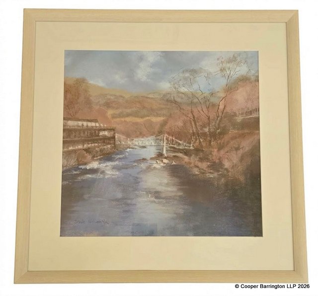 Steve Williamson Chester Pastel Painting Llangollen Chain Bridge.  Signed Steve Williamson lower left.  Framed under glass  29 x 29 3/4 inches. Artwork 20 x 21 inches.
