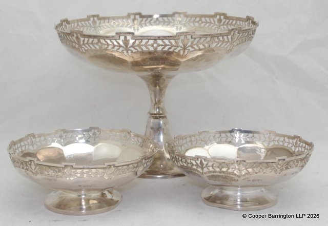 A KG V Sterling Silver Pierced Pedestal Bowl  Pair of KG V Sterling Silver Pierced Bon Bon Dishes by Atkin Brothers. Hallmarked Chester 1923