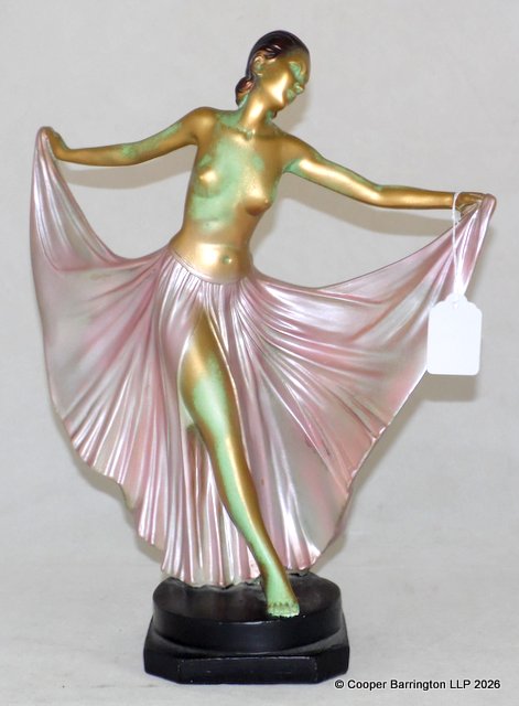 Art Deco Figure By G. Leonardi. Number 244, is ‘Rhapsody’, Painted in Pink and Gold Metallic Paints and Raised on a Matt Black Base. Leonardi’ s workshop mark is present and the registration number, 817181. Height  38 cm.