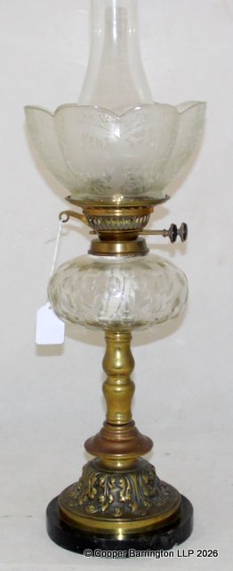 Antique English Etched Glass Duplex Oil Lamp on Brass and Black Marble Base. Circa 1900. Height 57 cm. Antique English Etched Glass Duplex Oil Lamp on Brass and Black Marble Base. Circa 1900. Height 57 cm.