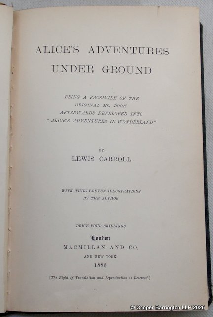 This is a First Edition 1886 Copy of Alice's Adventures Under Ground. Printed facsimile of the original manuscript and illustrations that would later become Alice's Adventures in Wonderland. It contains 37 illustrations by Lewis Carroll. London, Macmillan and Co. 1886. Green cloth, spine lettered in gilt, mottled blue and red coated endpapers. Nice condition.
