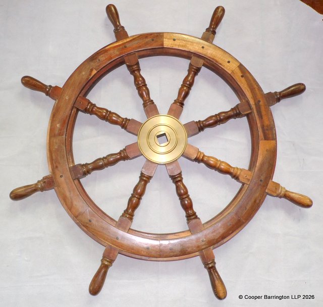 Large Brass and Mahogany Ships Wheel. Diameter 91cm / 36 inches