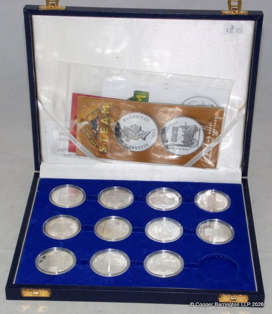 Royal Mint Channel Islands 'The Golden Age of Steam' �5 Sterling Silver  Proof .925 Coin Set of  Eleven.  Boxed Complete with Certificates.  311 gms.